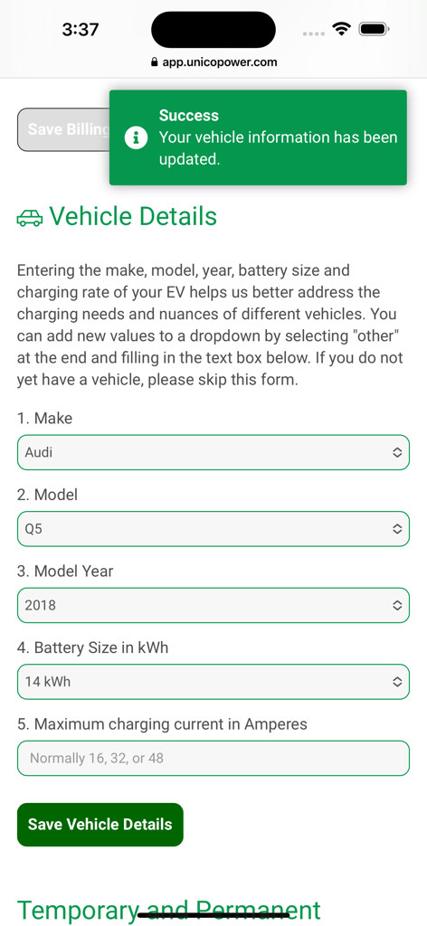 Unico Power - Unico Power mobile interface showing a success message after updating electric vehicle details like make and model