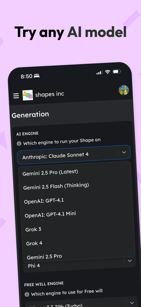 A mobile interface showing a dropdown menu to select different AI engines including Claude Gemini and GPT models
