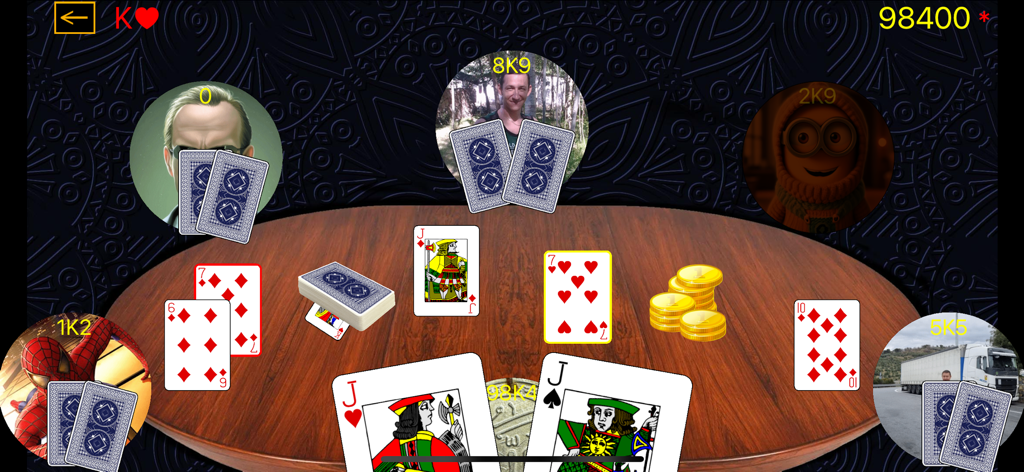 Azi Card Game - 카드와 베팅을 가상 테이블에 보여주는 아지 카드 게임의 게임 플레이