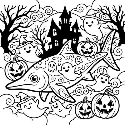 Unleash your creativity with this unique Stenopterygius Halloween coloring page, where ancient marine life meets spooky season fun. Discover friendly ghosts, carved pumpkins, and a haunted house backdrop, ready for your colorful imagination.
