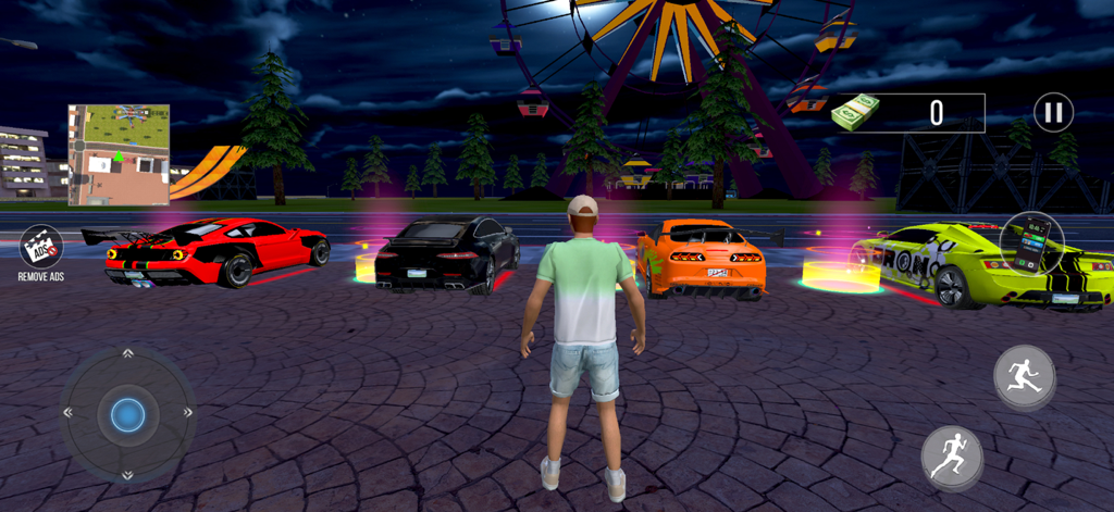 Midnight City Drifting Games - A player character choosing between four sports cars in a night city setting with a ferris wheel in the background