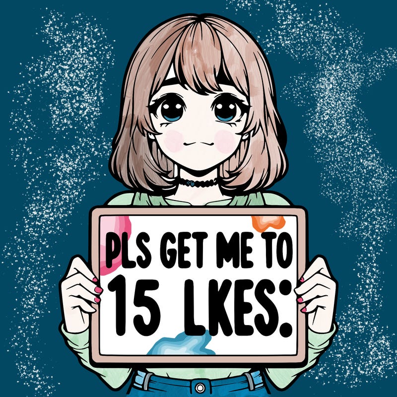 realistic girl holding up a sign that says “pls get me to 15 likes!”