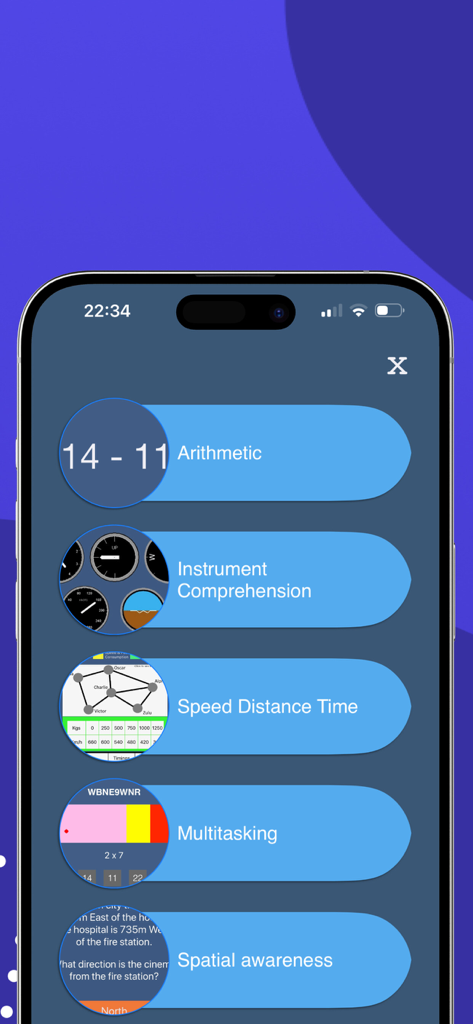 CBAT - Menu screen of the CBAT app listing military aptitude training modules