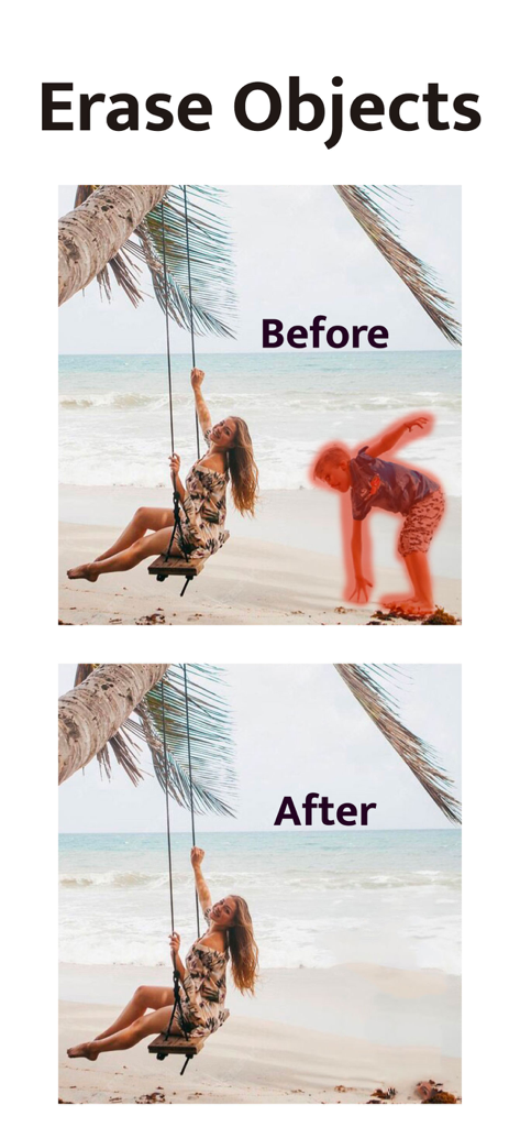 Comparaison avant/après suppression d'une personne indésirable d'une photo de plage à l'aide de la Gomme magique