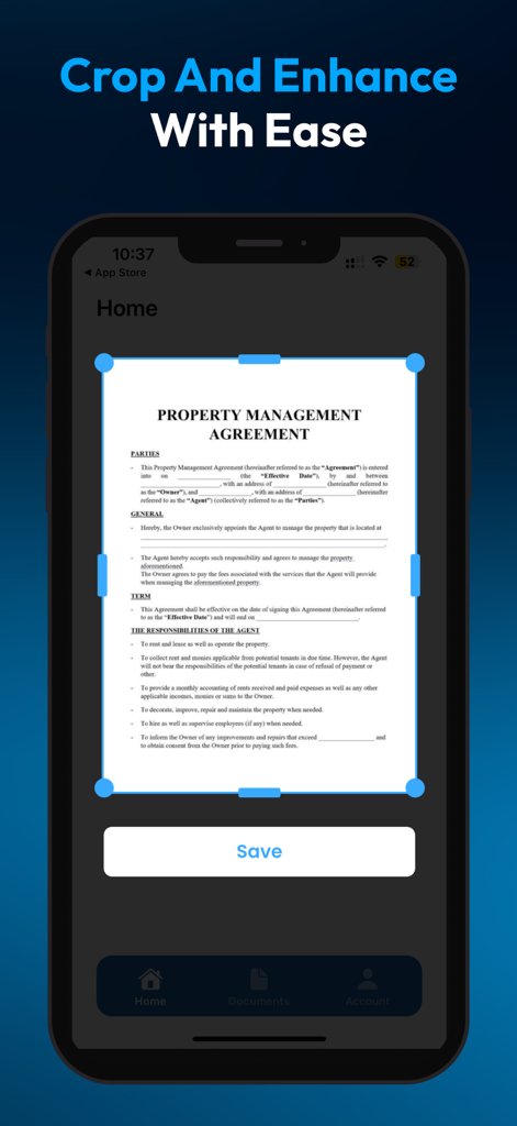 PDF Scanner : File Manager - Pantalla de iPhone mostrando un acuerdo de gestión de propiedades siendo recortado y mejorado en la aplicación PDF Scanner.