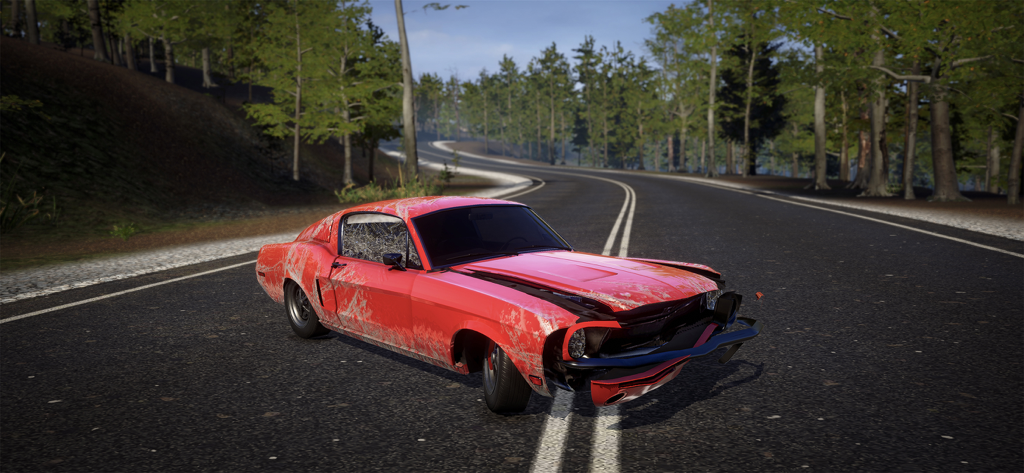 A red muscle car with realistic body damage on a winding forest road in a crash simulator game