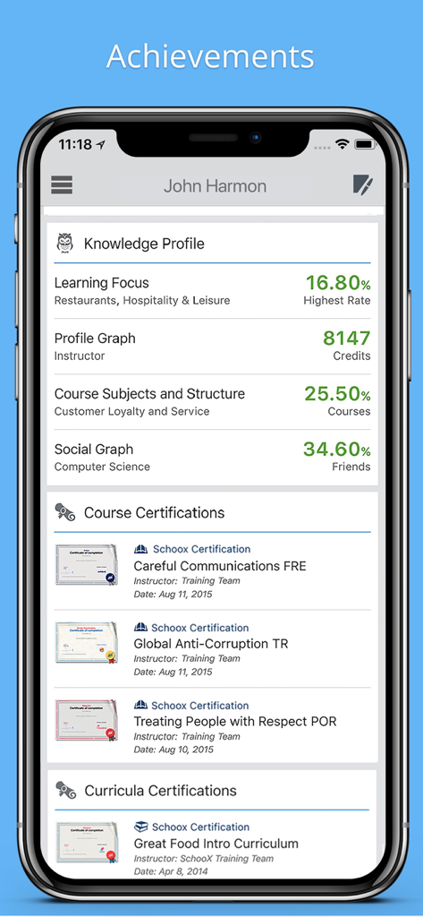 Schoox Classic - Pagina dei risultati dell'app Schoox Classic che mostra le certificazioni dell'utente e le metriche di progresso dell'apprendimento