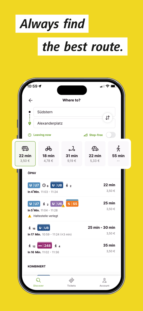 BVG Jelbi: Mobility in Berlin - BVG Jelbi mobile app interface showing multi-modal transport options including public transit bike and scooter routes in Berlin