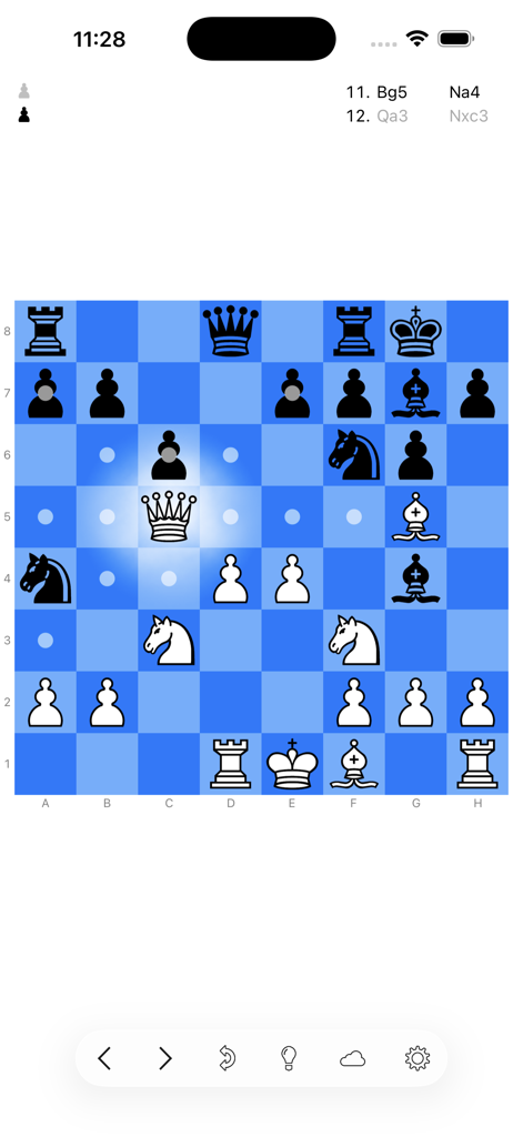 Chess - tChess Lite - tChess Lite gameplay showing legal move highlighting on a blue chess board