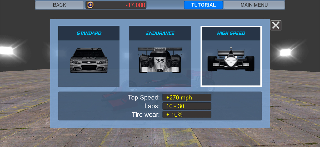 American Speedway Manager - Car class selection screen showing standard endurance and high speed racing vehicle options with performance statistics
