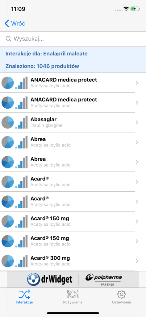 A list of over 1000 drug interactions for Enalapril maleate displayed in the DrWidget Interakcje app