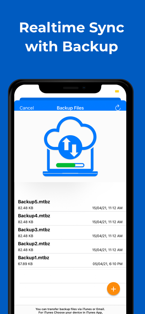 Écran mobile montrant la synchronisation en temps réel et la liste des fichiers de sauvegarde dans le cloud dans l'application Moon Invoice