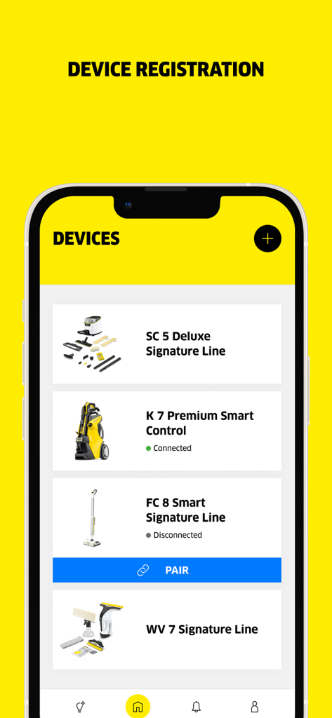 Interface de l'application Karcher Home and Garden montrant une liste d'appareils de nettoyage enregistrés comprenant des nettoyeurs haute pression et des nettoyeurs de sol