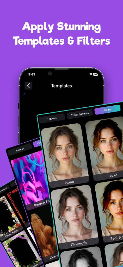 Interfaz de aplicación móvil que muestra varios filtros y plantillas de fotos aplicadas a un retrato, incluidos efectos cinematográficos y de lujo.