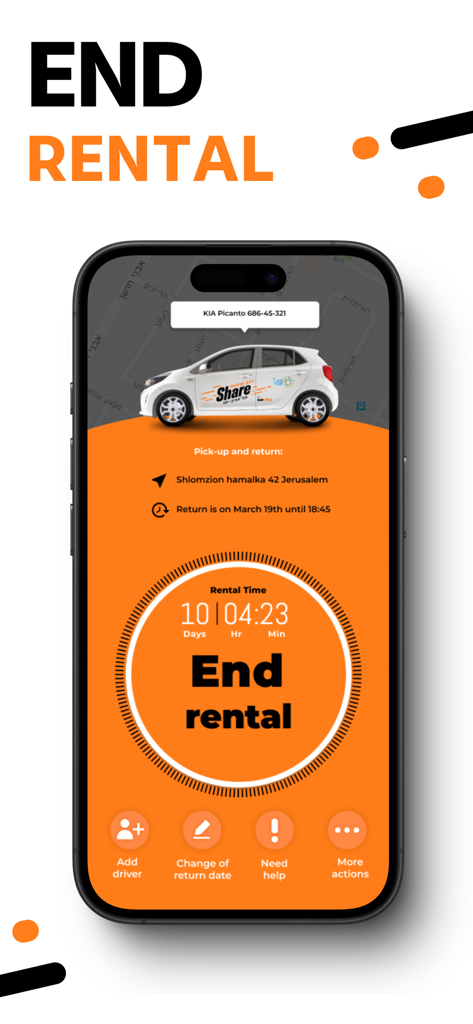 Share - Israel Car Sharing - Share 이스라엘 카셰어링 앱의 대여 종료 프로세스를 보여주는 스마트폰 화면 (여행 기간 및 위치 정보 포함)