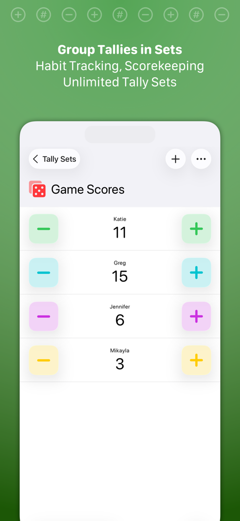 Mobile app interface showing a game scores set with multiple player counters