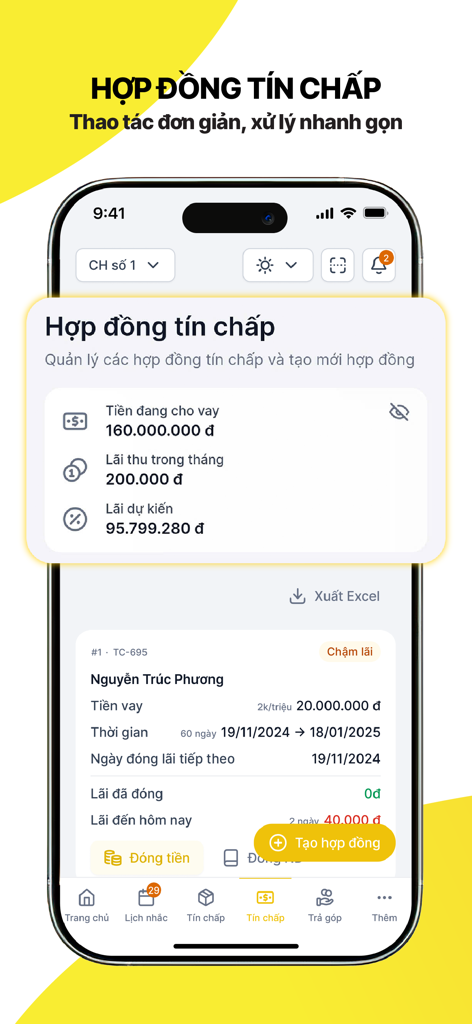 LendMe - Captura de pantalla de la aplicación LendMe que muestra la gestión de contratos de préstamos no garantizados con resúmenes financieros y detalles del cliente en vietnamita