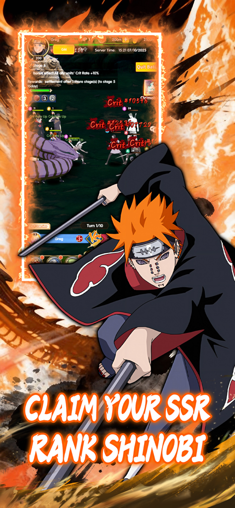 Shinobi Saga - An anime ninja character over a tactical battle screen with text offering an SSR rank shinobi.