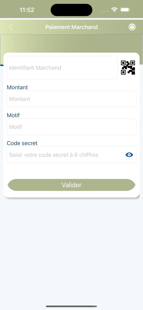 Interfaz de pago a comercios en la aplicación BGFIMobile Centrafrique que muestra campos de ID de comercio y monto