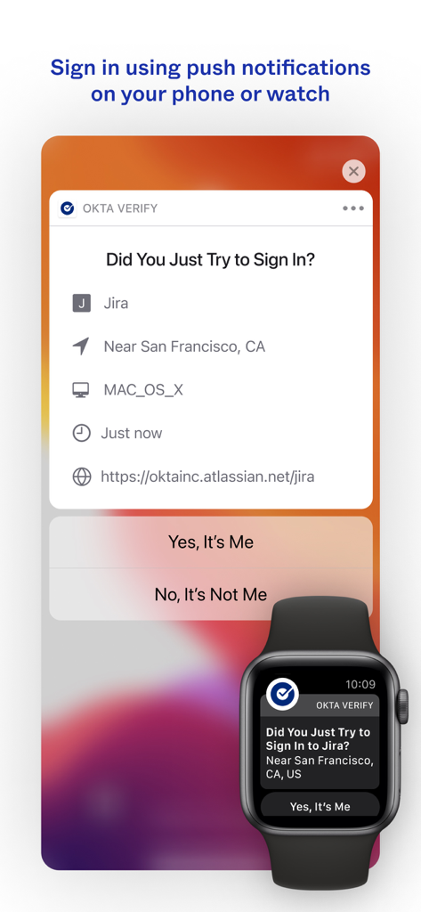 Okta Verify push notification for sign-in verification on a phone and smartwatch