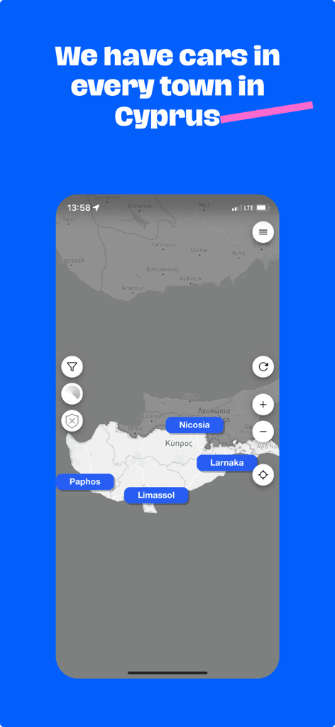 RideNow - Carsharing - A map in the RideNow app displaying carsharing service areas across Cyprus cities