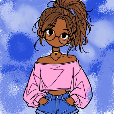 girl with a messy ponytail glasses a baggy crop top and jean shorts
