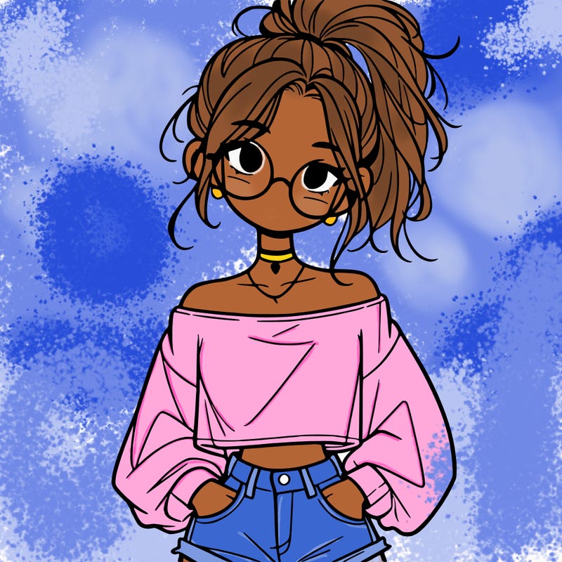 girl with a messy ponytail glasses a baggy crop top and jean shorts