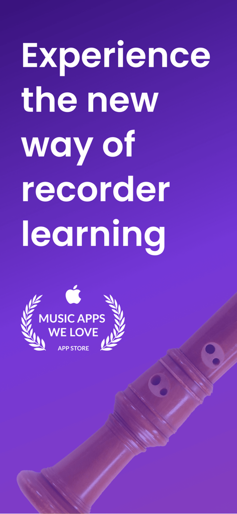 tonestro recorder learning app introductory screen featuring a recorder and apple music apps we love badge