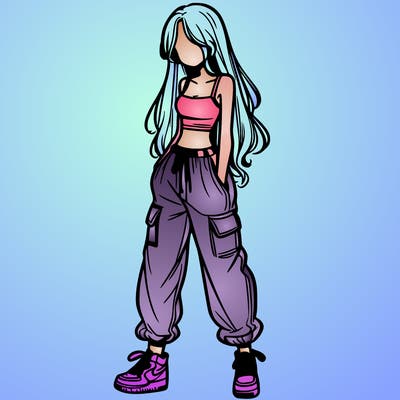 girl in baggy pants crop top and long hair