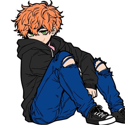 a male hoddie ripped jeans messy hair anime