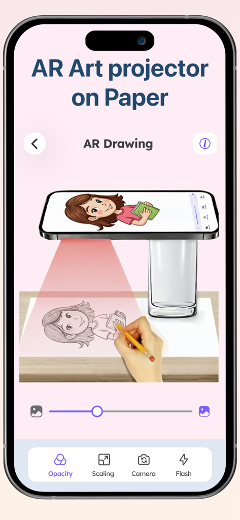 Drawing Desk: Sketch Paint Art - Fonction de l'application Drawing Desk montrant le projecteur artistique AR utilisé pour tracer une image sur du papier