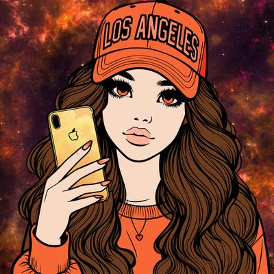 realistic beautiful girl wearing los ángeles cap holding an iphone