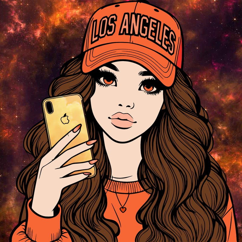 realistic beautiful girl wearing los ángeles cap holding an iphone