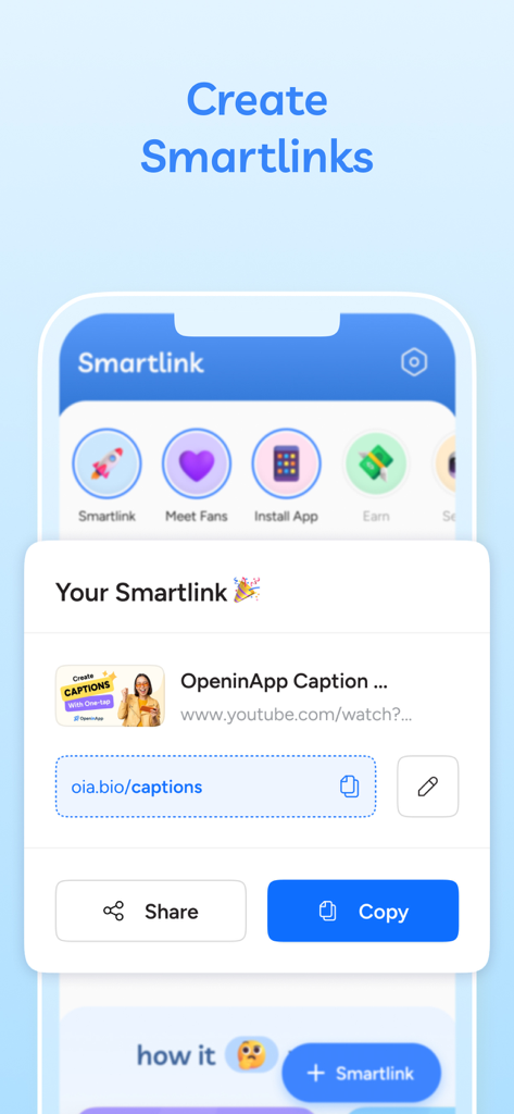 OpeninApp - Native App Opener - Interface d'OpenInApp montrant la création d'un lien intelligent pour ouvrir des vidéos YouTube dans l'application native.
