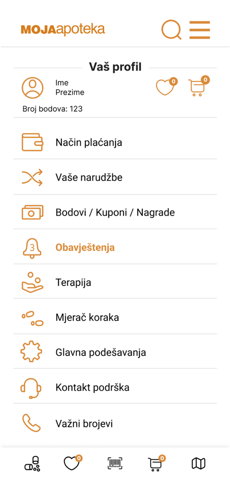User profile interface of the MojaApoteka mobile pharmacy app showing loyalty points, therapy management, and shopping settings.