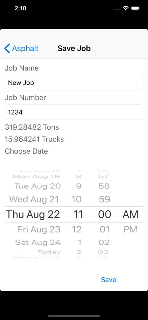 Interface for saving an asphalt job estimate showing calculated material tonnage and truckloads.