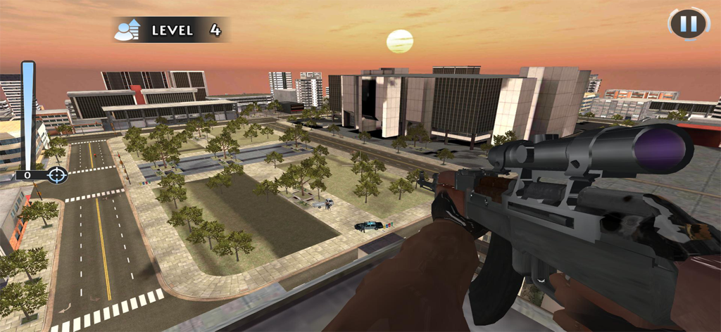 Sniper Shooter Soldier Strike - First person sniper view of a city park at sunset