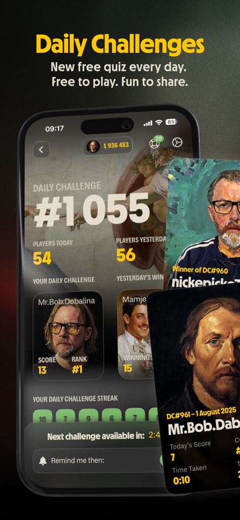 History Trivia Game: Krono - Krono app daily challenge screen with history trivia leaderboard and player avatars