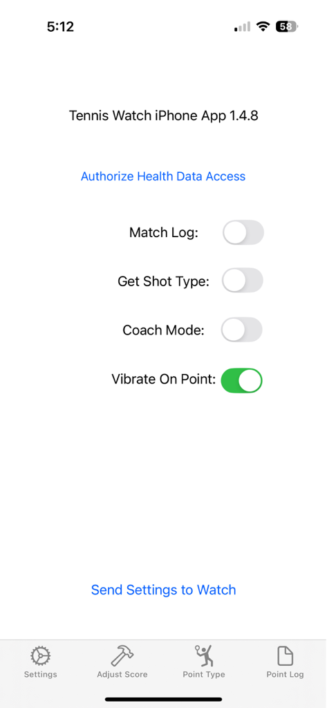 Quicktap Tennis Scorekeeper - クイックタップテニススコアキーパーのiPhoneアプリ設定メニュー。試合記録や触覚フィードバックのオプションが表示されています。