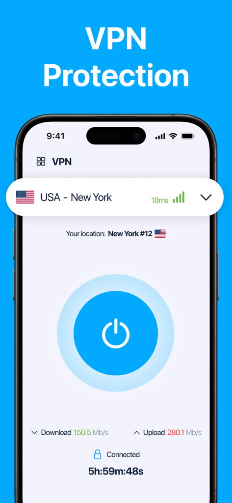 VPN Unlimitedㅤ - VPN Unlimited app interface showing a secure connection to a New York server with speed metrics and connection timer