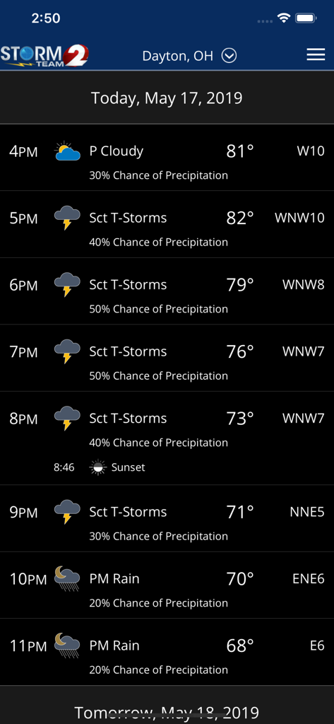Previsioni meteo orarie per Dayton Ohio nell'app WDTN Storm Team 2