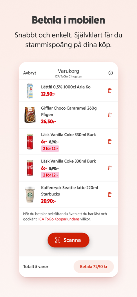ICA ToGo mobile app interface showing a digital shopping cart with scanned grocery items and a payment button