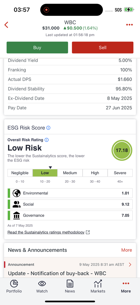 Westpac Share Trading app interface showing stock analysis and ESG risk ratings for WBC