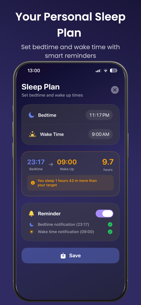 Sleep Debt: Sleep Tracker - A smartphone screen displaying the Sleep Debt app personal sleep plan with bedtime and wake time settings.