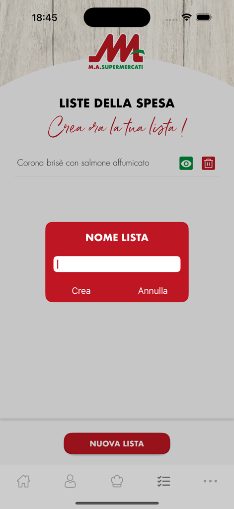 Un'interfaccia mobile che mostra la funzione lista della spesa dell'app MA Supermercati con un invito a creare una nuova lista.