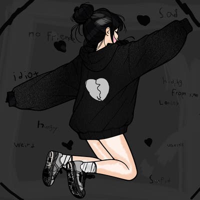 realistic girl jumping with a bun and oversized sweatshirt