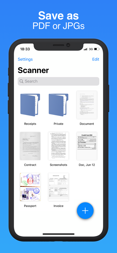 Document Scanner · Scan to PDF - 領収書、契約書、請求書のフォルダとPDFまたはJPGとして保存するオプションを示す、スキャンされたドキュメントのモバイルアプリ画面。