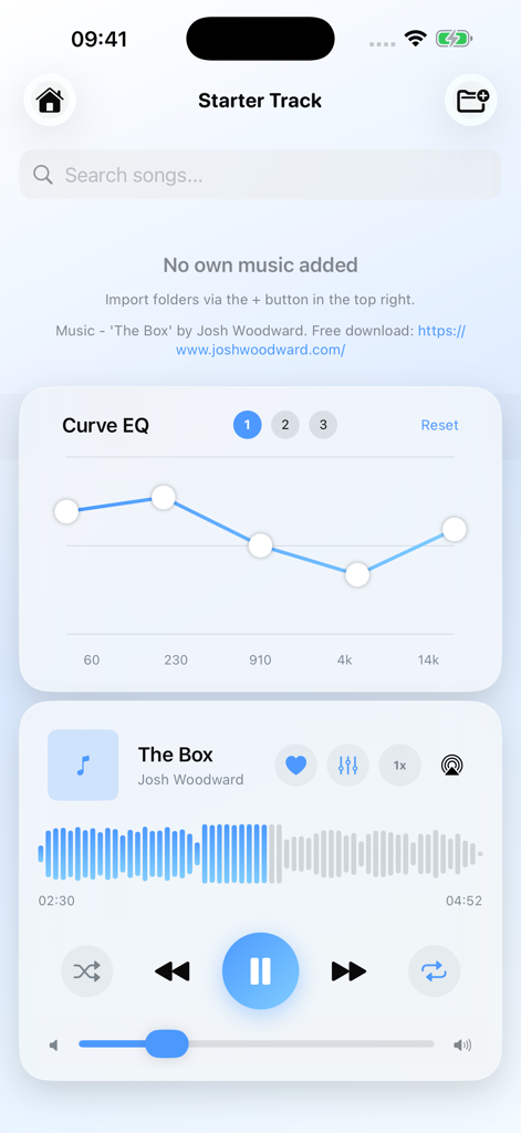 Glaze - Offline Music Player - Glaze music player interface showing a curve equalizer and playback controls with a glassmorphism design