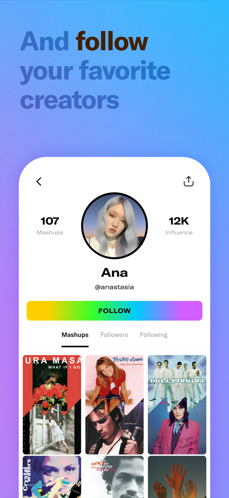 MashApp Music app creator profile page showing user mashups and social influence statistics