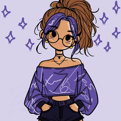 girl with a messy ponytail glasses a baggy crop top and jean shorts